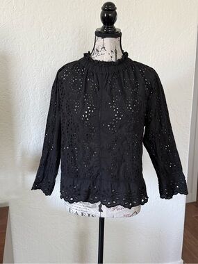 Black Eyelet Smocked-Neck Blouse - Women Tops